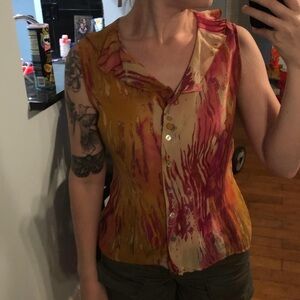 Tess silk Orange and pink tie-dye button-up ruffle collar blouse